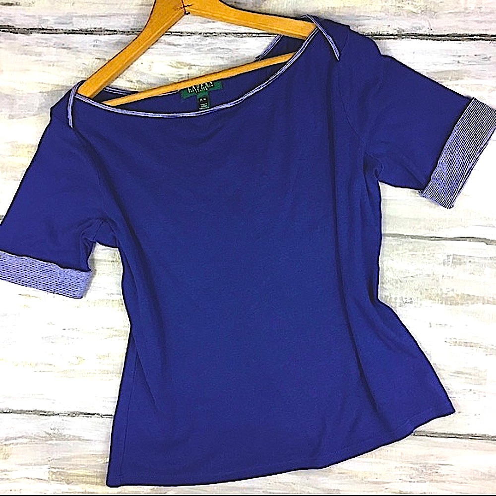 Lauren Ralph Lauren Petite Half Sleeve Boatneck Top Striped Cuff Tee